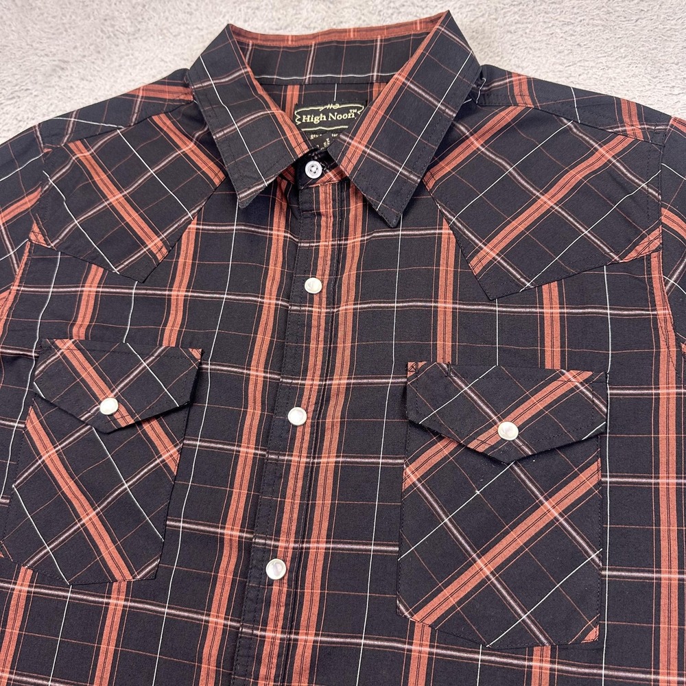 High Noon Shirt Mens Medium Black Red Plaid Western Pearl Snap Short Sleeve